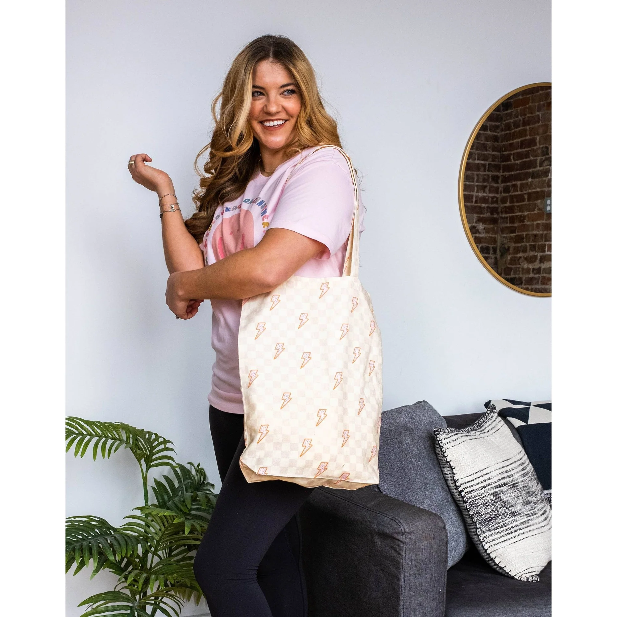 Checkerboard Lightning Bolt Tote Bag | Canvas Grocery Shopping Carryall Bag  | 14" x 17" - Image 4