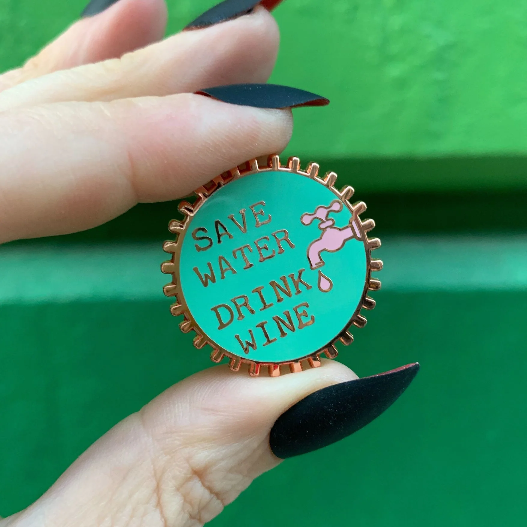 Save Water Drink Wine Pink and Green Enamel Pin on Gift Card - Image 8